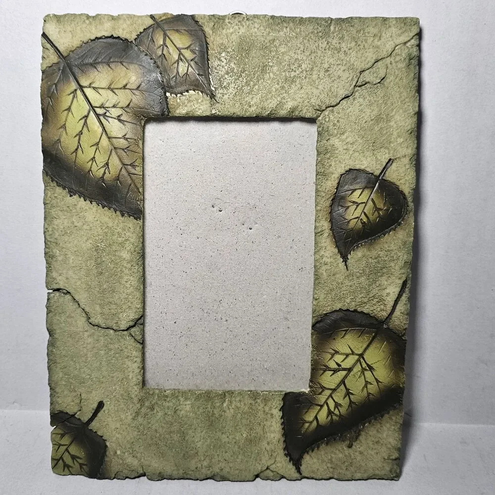 Decorative Rustic Primitive Textured Leaves Green Faux Stone Picture Frame